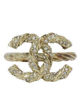 Chanel CC Logo Rhinestone Ring Gold Plated